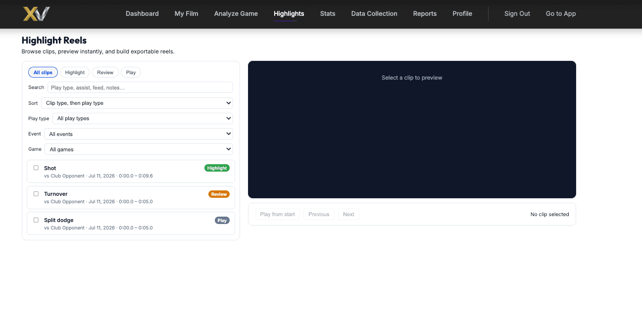 LaxView highlight reel builder with clip filters and video preview